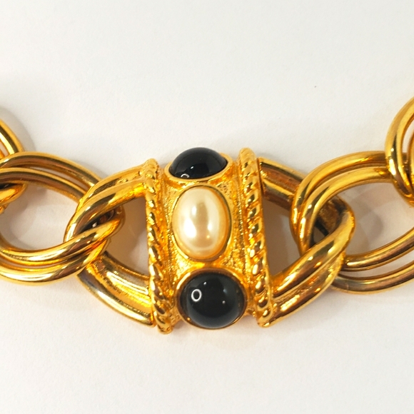 Vintage Signed Chunky Chain Double Link Collar Necklace with Pearl Accents - Picture 4 of 8
